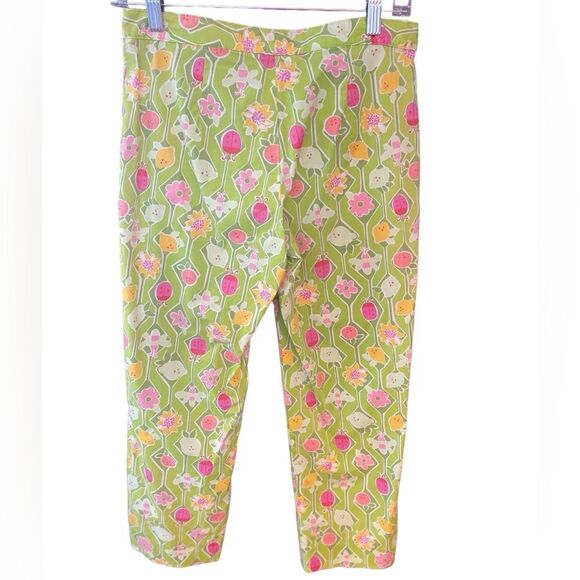 Lilly Pulitzer Sz 2 Lime Green Fuschia Pink a Floral Lemon Ankle Cotton Pants - Picture 3 of 6